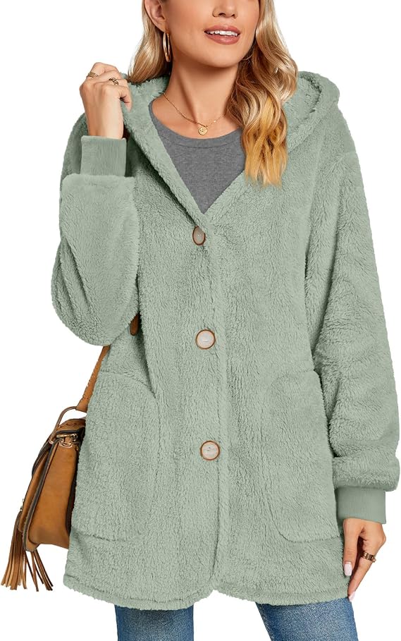 Women’s Fuzzy Hooded Fleece Jacket with Pockets