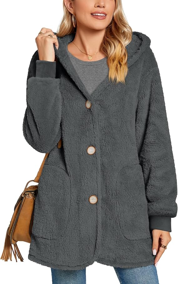 Women’s Fuzzy Hooded Fleece Jacket with Pockets