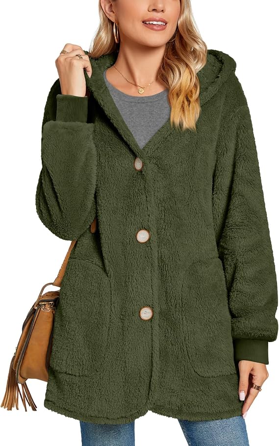 Women’s Fuzzy Hooded Fleece Jacket with Pockets