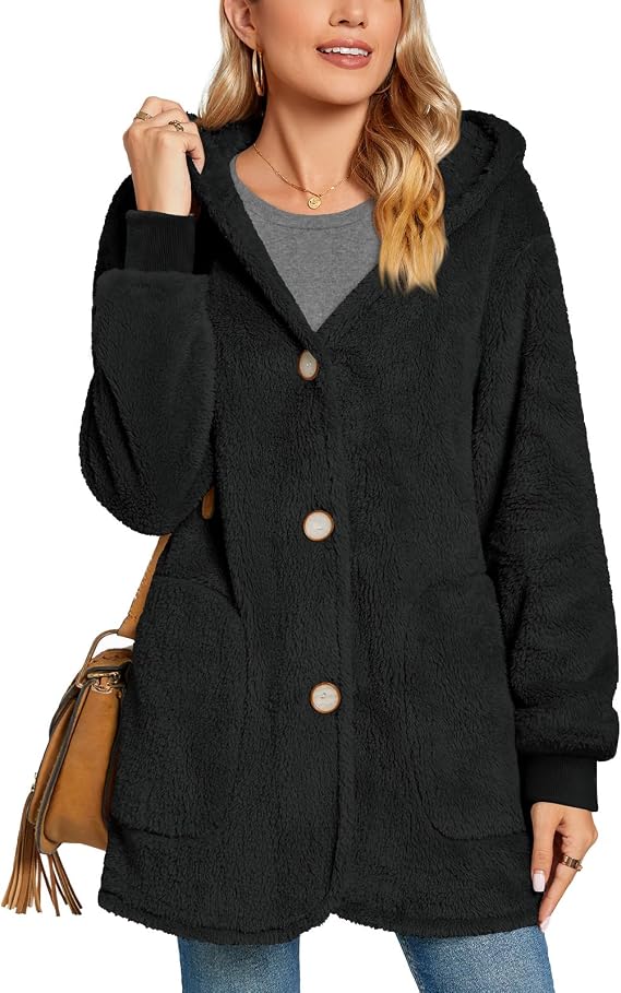 Women’s Fuzzy Hooded Fleece Jacket with Pockets