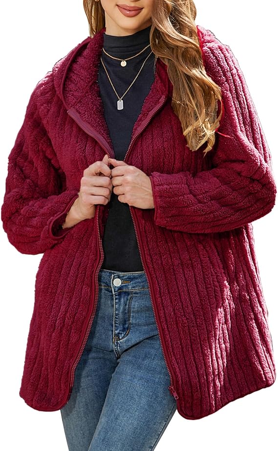 Women’s Hooded Sherpa Fleece Jacket – Sizes S to 5XL