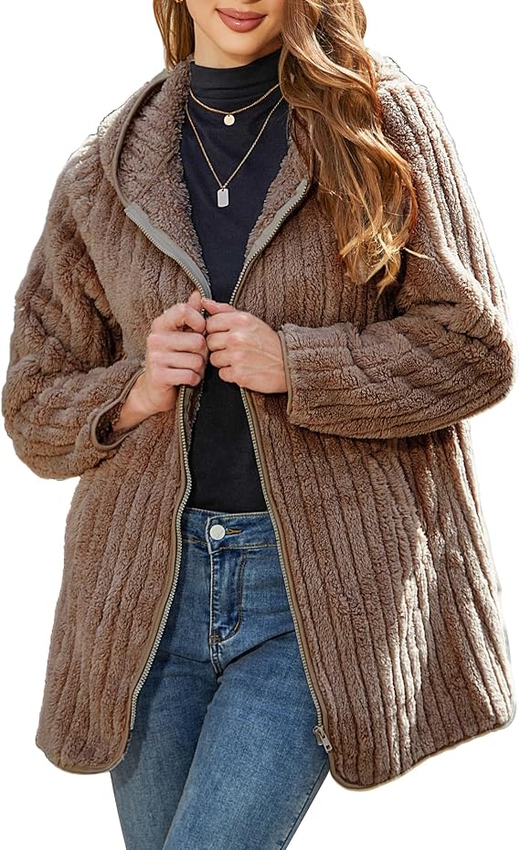 Women’s Hooded Sherpa Fleece Jacket – Sizes S to 5XL